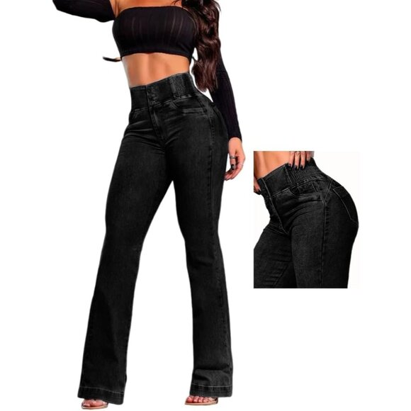 Denim - Women's High Waisted Stretch Denim Jeans with Elastic Waist for Casual Wear
